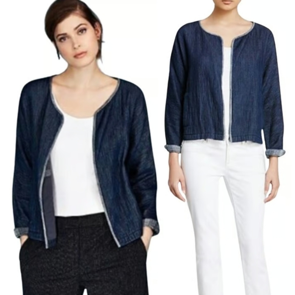 Eileen Fisher 100% Organic Cotton Chambray Jacket in Blue, Size Medium
